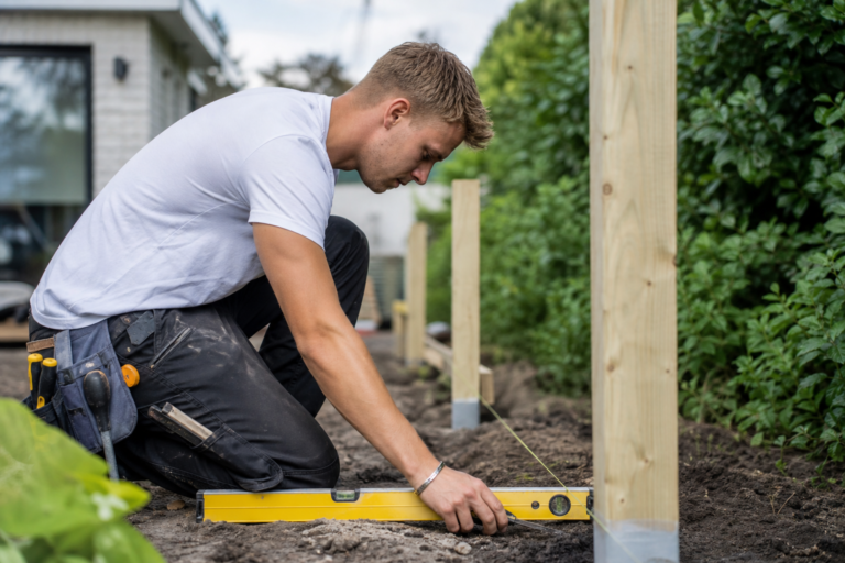 Vakman die een schutting laten plaatsen in een tuin met houten panelen